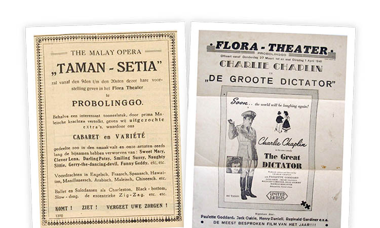 TEMPO DULU: Selebaran pengumuman opera Taman Setia di Flora Theater yang kini menjadi Bioskop Regina (kiri) dan selebaran pengumuman film yang akan ditayangkan di Flora Theater pada tahun 1941.