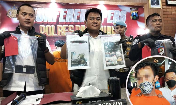 RILIS: Penyidik Satreskrim saat menunjukkan sejumlah barang bukti terkait kasus pornografi yang menyeret pemuda asal Purwodadi. Inset pelaku saat dikeler. (Rizal Syatori/ Radar Bromo)