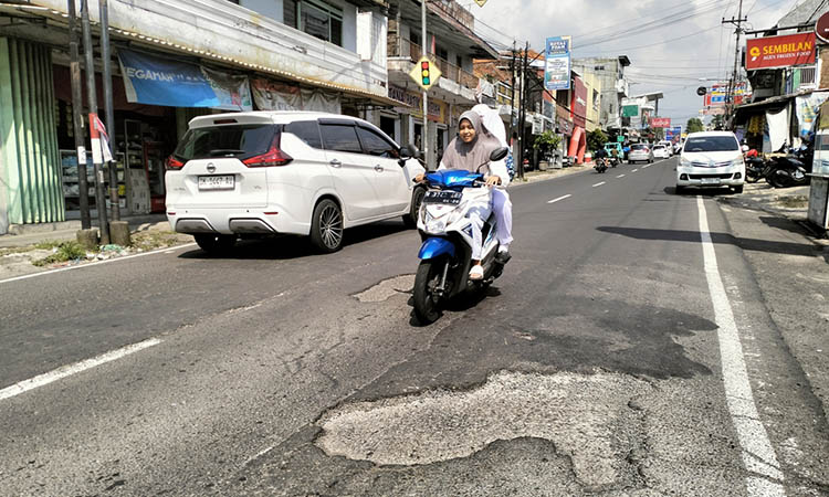 MENGELUPAS: Kondisi Jalan Pahlawan Sunaryo di Kecamatan Pandaan yang mengalami kerusakan. Sudah setahun terakhir, kondisi tersebut terjadi.