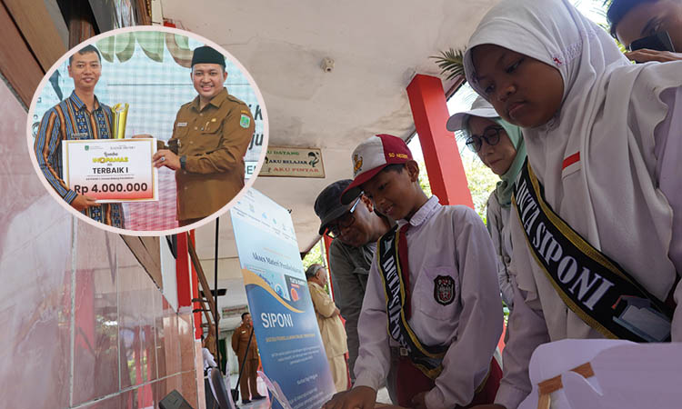 BANYAK MANFAAT: Siswa di SDN Kurung 2 Kejayan memanfaatkan SIPONI. Inset, Mochamad Yusuf menerima trofi INOMAPAS dari Bupati Pasuruan.