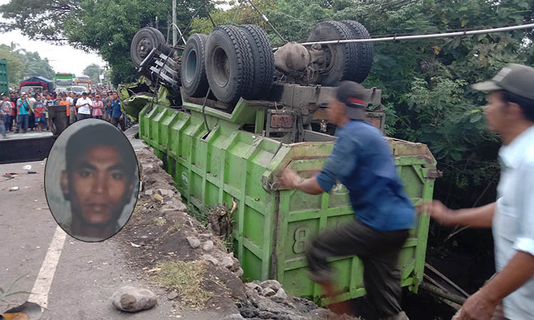 MASUK JURANG: Dump truk yang kehilangan fungsi rem, masuk ke dalam jurang setelah menabrak motor dan pikap di Banjarsawah, Selasa (27/5) siang. Inset, sopir dump truk yang meninggal.