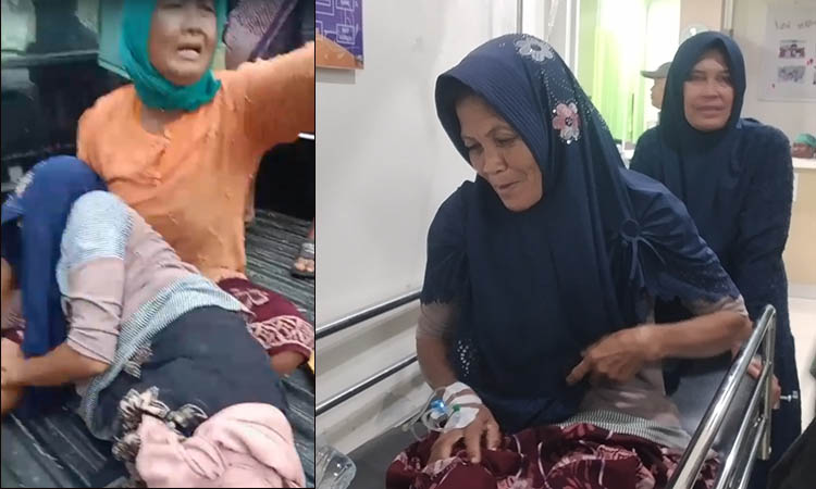 DI TKP: Sayati saat dievakuasi menggunakan pikap milik warga. Kanan, Sayati saat mendapat perawatan di RSUD Grati.