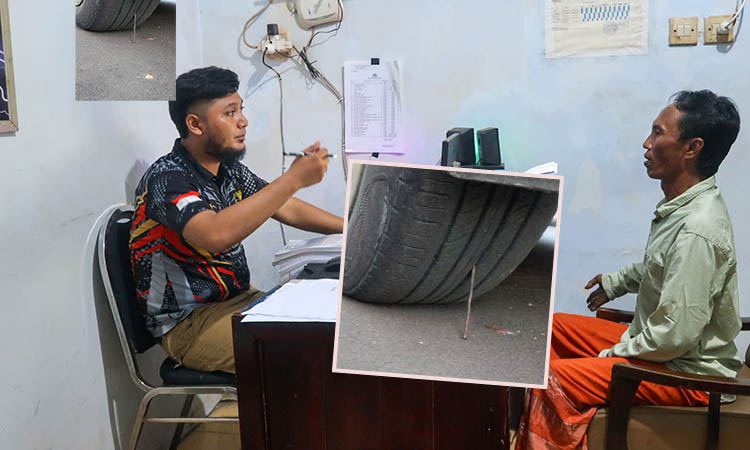 SEMPAT DIPERIKSA: Dul Hari saat dimintai keterangan oleh penyidik di Polsek Purworejo. Inset, Paku yang dipasang Dul Hari di salah satu kendaraan.