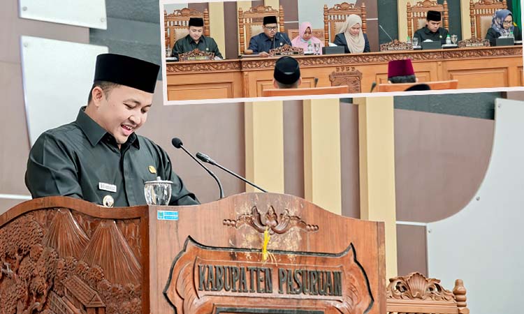 Bupati Pasuruan Mas Rusdi saat menyampaikan Perubahan KUA-PPAS. Inset suasana paripurna di DPRD setempat.