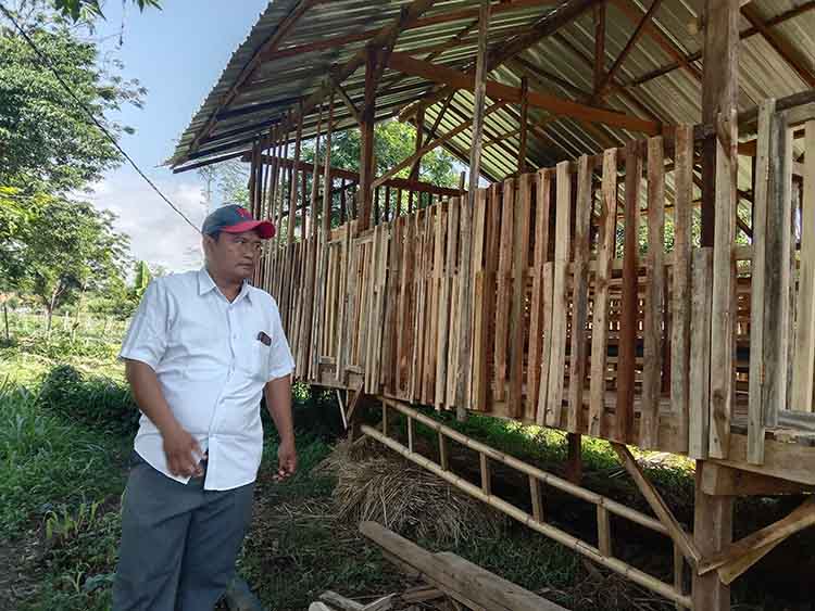 KETAHANAN PANGAN: Bendahara Desa Patalan Muhammad Saru meninjau kandang untuk peternakan kambing yang baru rampung dibangun.