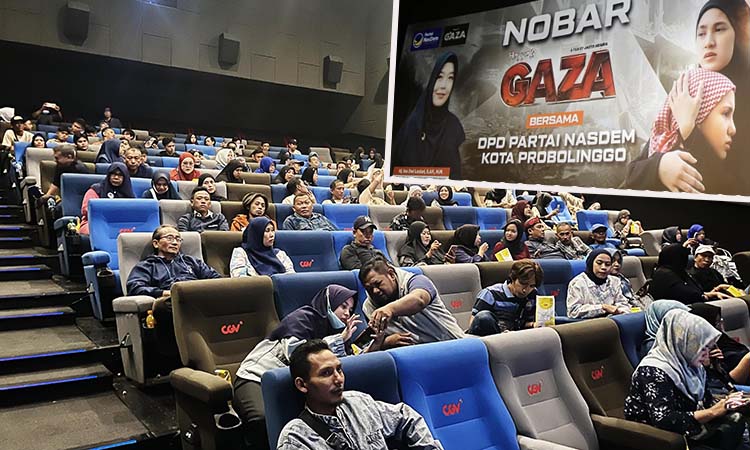 SAVE PALESTINE: Suasana nobar film Gaza oleh Nasdem Kota Probolinggo. Inset, background film Gaza.