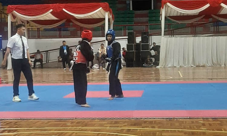 RAIH EMAS: Atlet Hapkido Kabupaten Pasuruan Fitriantimala saat melawan atlet Kota Surabaya. Fitri akhirnya berhasil meraih medali emas dan pecah telur.