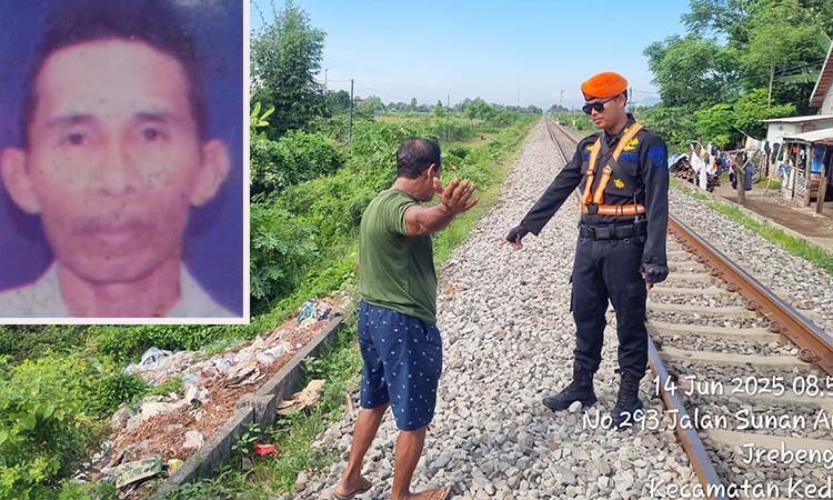 OLAH TKP: Petugas menunjukkan lokasi tempat korban tewas tertemper KA. Inset, korban semasa hidupnya.
