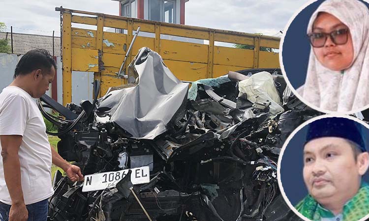Kondisi mobil Toyota Innova Zenix usai menghantam truk. Inset korban wakil ketua PWNU Jatim KH Taufik Hasyim dan istri semasa hidup.