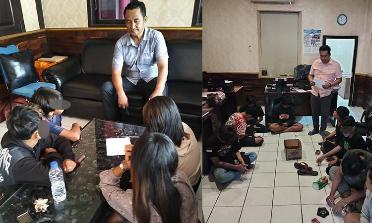 Petugas saat memberikan pembinaan pada para muda-mudi yang diduga geng motor dan sempat jadi sasaran amuk warga.