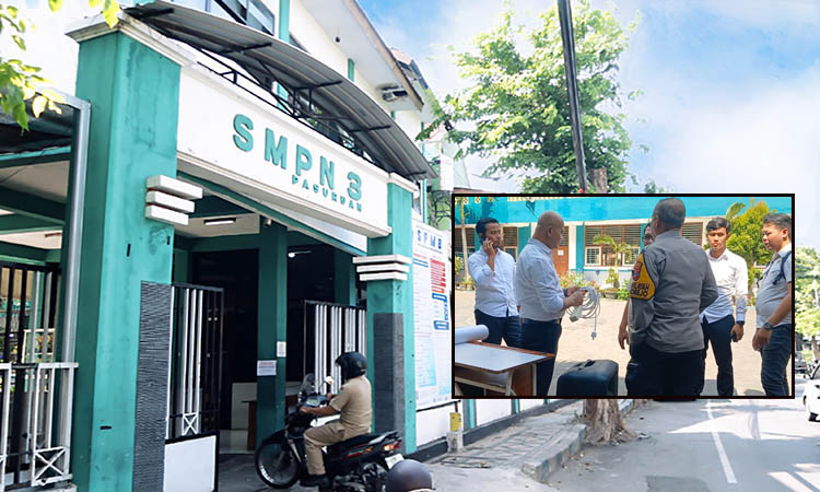 LOKASI: SMPN 3 Kota Pasuruan tempat korban bersekolah. Inset, pihak kepolisian saat melakukan olah TKP di halaman SMPN 3.