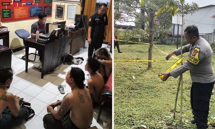 TERUNGKAP: Polisi saat melakukan olah TKP (kanan). Inset empat terduga pelaku saat diamankan polisi. (Rizal Syatori/ Radar Bromo)