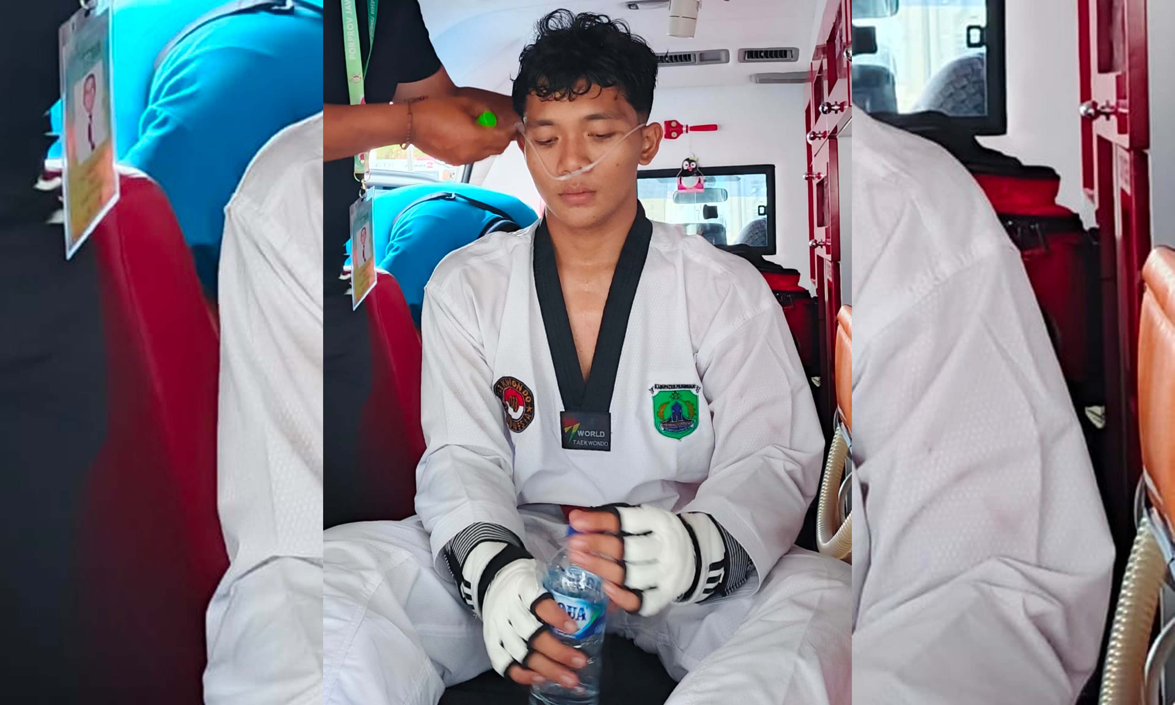 BANTU PERNAFASAN: Putra Bagus Maulana saat mengalami asma dalam laga. Namun, perjuangan membuahkan hasil, dengan meraih emas.