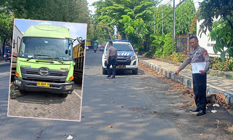 TKP: Personel Satlantas di lokasi kejadian kecelakaan tronton wing boks serempet motor, di Kelurahan Dermo, Kecamatan Bangil. Inset, Tronton yang menyerempet korban.