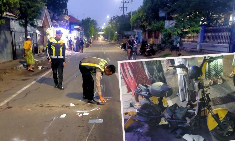 TKP: Petugas Satlantas saat melakukan olah TKP. Inset kondisi sepeda listrik yang menabrak CBR.