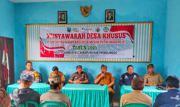 SINERGI: Kepala Desa Ngadirejo Anang Budiono (pegang mik) bersama Forkopimca Sukapura dalam musyawarah desa.