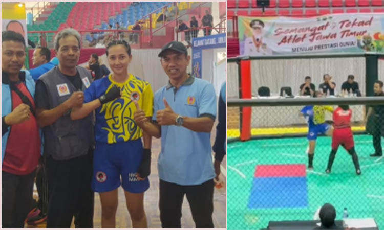 SENGIT: Suasana laga IBC MMA saat Regita Cahya Kirana (biru-kuning) bertanding di GOR: Kanjuruhan Selasa (24/6). Kiri, Regita saat menerima medali.