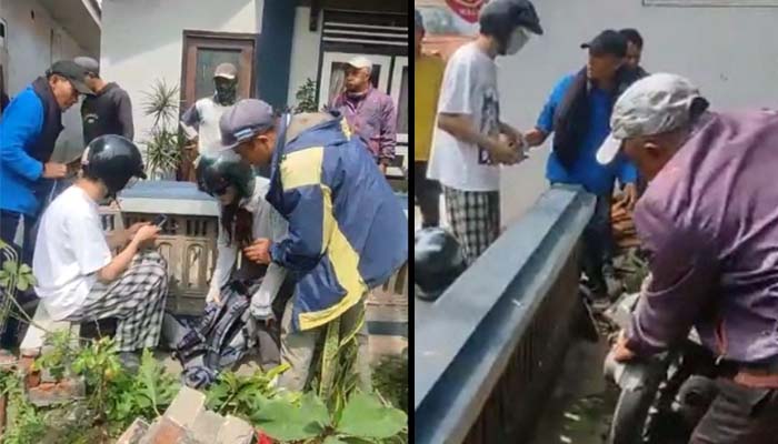 Kondisi dua WNA Cina usai motor matik Honda Vario yang mereka tumpangi alami rem blong di Ngadisari. Inset warga amankan motor korban.