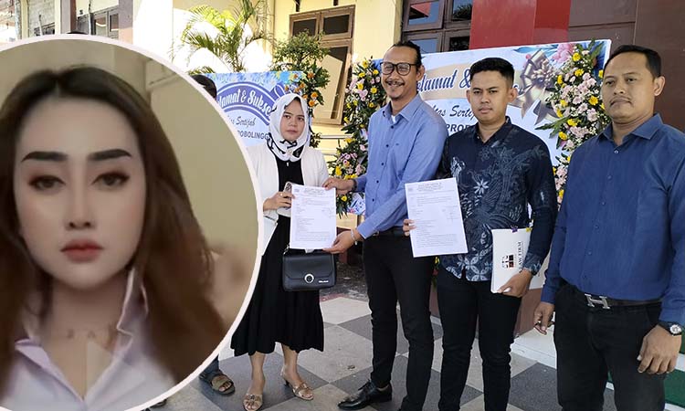 MENGADU: Nurul Qomariah dan suaminya Hasan Basri, bersama tim kuasa hukum mereka, mengadukan LN atas dugaan penipuan dan penggelapan investasi skincare ke Mapolres Probolinggo. Inset Luluk Nuril.