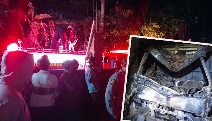 AMUK SI JAGO MERAH: Petugas damkar saat memadamkan api. Inset kondisi truk yang hangus.