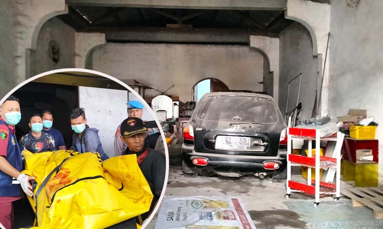 TKP: Lokasi garasi tempat korban ditemukan tewas. Mobil Honda CRV-nya amblas. Inset jenazah korban saat dievakuasi.