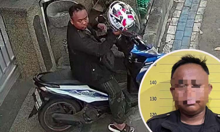 TAK BISA MENGELAK: Aksi AH saat datang ke musala di Perumahan Semampir Indah 1 Kraksaan. Inset AH saat diamankan polisi.