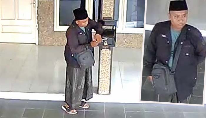 TEREKAM CCTV: Aksi pelaku saat membobol kotak amal. Inset, wajah pelaku yang terekam CCTV.