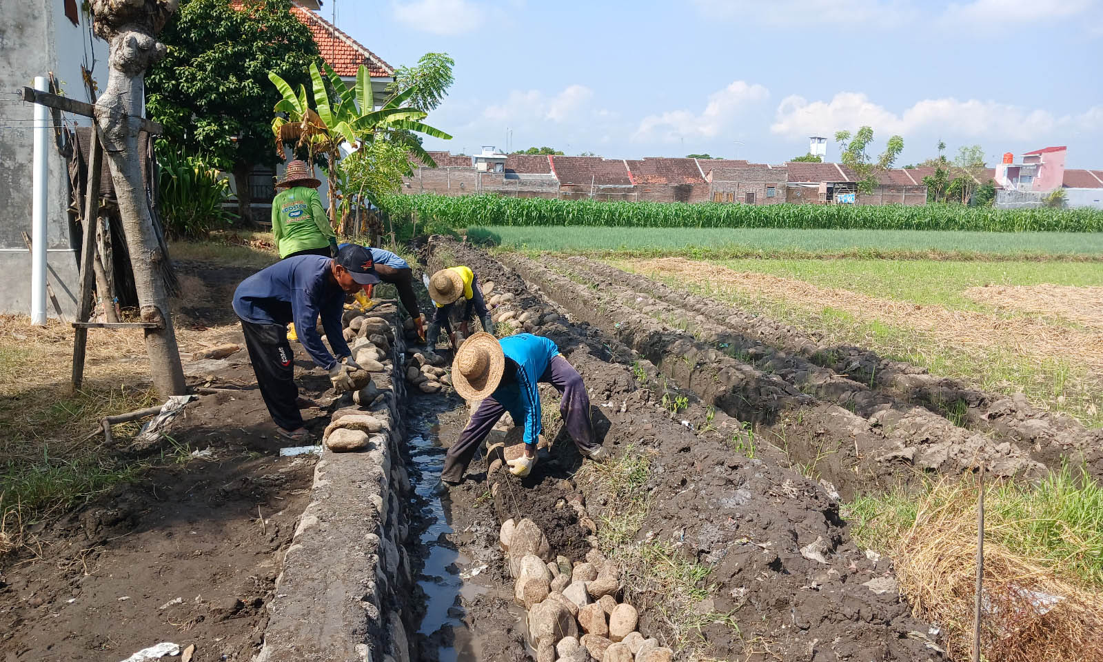 PEMBANGUNAN: Sejumlah pekerja membangun saluran irigasi di Dusun Krajan yang telah dirampugkan beberapa waktu lalu.