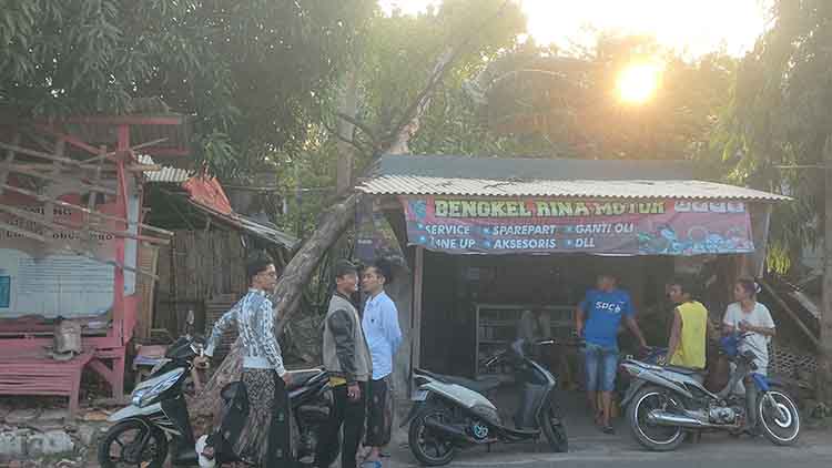 KEROPOS: Sebatang pohon cemara tumbang dan menimpa bengkel motor di Jalan Sunan Ampel, Kota Probolinggo, Senin (14/7) sore.
