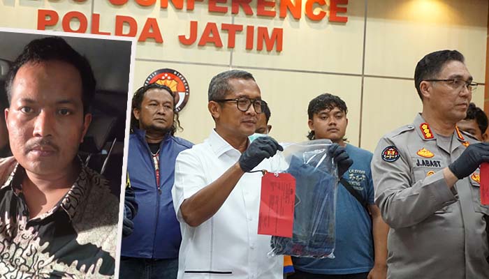 RILIS: Jajaran Polda Jatim saat merilis kasus pembunuhan Hj Mirzah, janda di Gempol, Pasuruan. Inset pelaku M Fawaid saat diamankan.