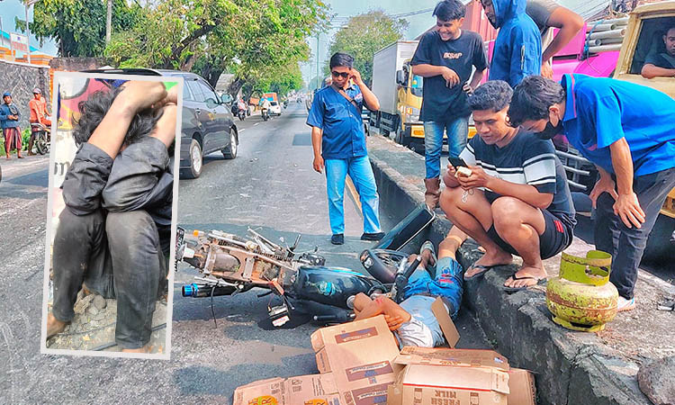JADI TONTONAN: Warga memotret salah satu dari dua terduga pencuri tabung elpiji setelah menabrak median. Inset, Terduga pelaku yang dimassa.