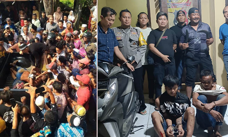 DIHAKIMI: Salah satu pelaku curanmor di Masjid Baitul Anwar, Desa Sentul, Kecamatan Gading, Probolinggo diamankan warga ke mobil patroli Polsek Gading. Kanan: Dua dari tiga terduga pencuri