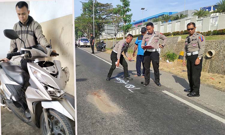 Petugas Satlantas Polres Pasuruan saat melakukan olah TKP kecelakaan maut Beat tabrak truk di Purwosari. Inset, motor korban diamankan petugas.