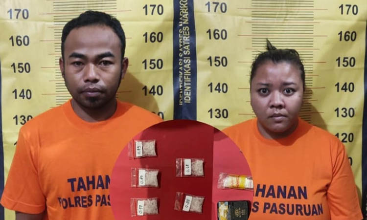 DIRINGKUS: Pasangan suami istri, SLH dan SNT yang diringkus Satresnarkoba Polres Pasuruan lantaran diduga menjadi pengedar sabu.