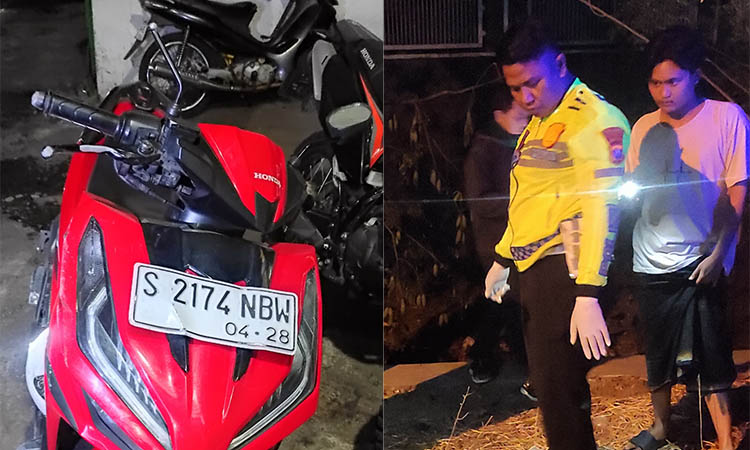 SUDAH DIAMANKAN: Motor yang dikendarai korban. Kanan, Petugas saat mengevakuasi korban.