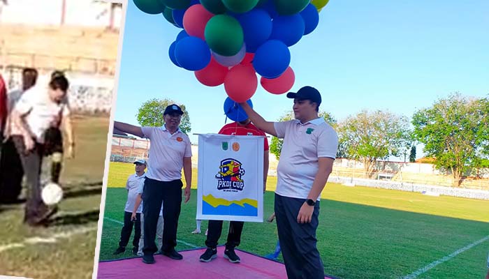 JUGGLING: Bupati Pasuruan HM Rusdi Sutejo saat membuka jalannya laga PKDI Cup 2025 Jatim di Stadion R Soedrasono Pogar, Sabtu (2/7).