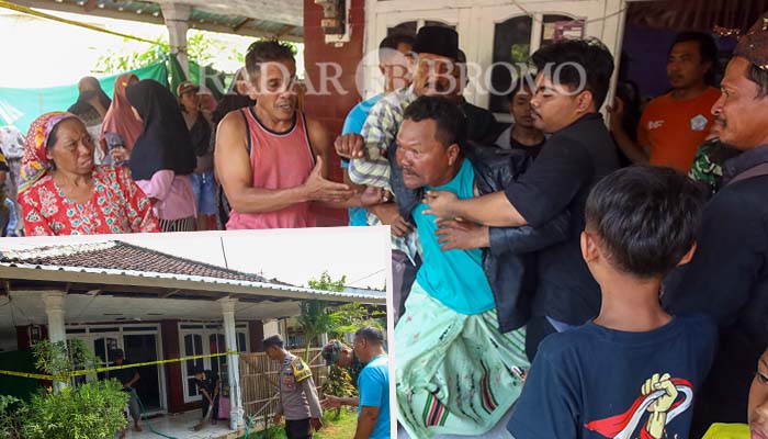 EMOSI: Kakek korban mengamuk ditenangkan sejumlah warga. Inset, rumah korban di-police line.