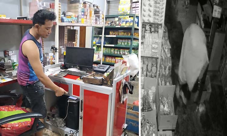 Susianto menunjukkan laci di tokonya yang dibobol pencuri. Inset rekaman CCTV yang merekam aksi pencuri.