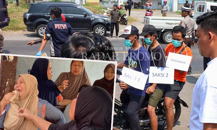 REKONSTRUKSI: Tersangka Fawaid (belakang) saat datang ke rumah korban. Inset keluarga korban histeris.