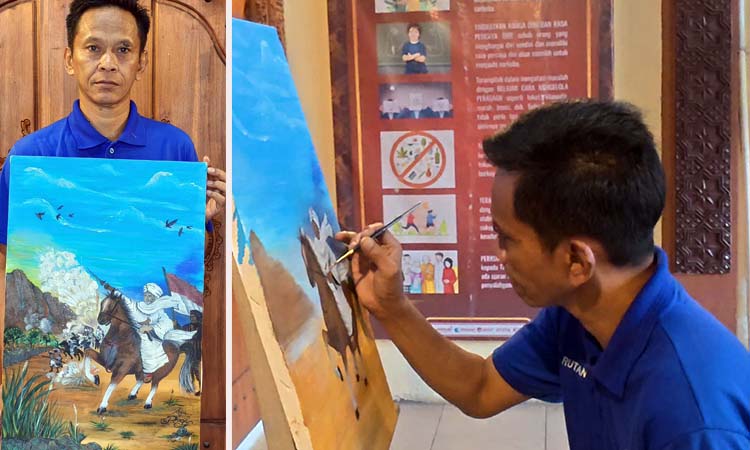 Anjasmara saat melukis Pangeran Diponegoro. Inset ia menunjukkan hasil lukisannya.