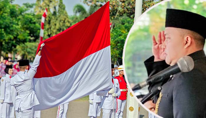 Momen saat petugas Paskibraka mengibarkan bendera merah putih. Inset Bupati Pasuruan Mas Rusdi memberi hormat saat pengibaran bendera.
