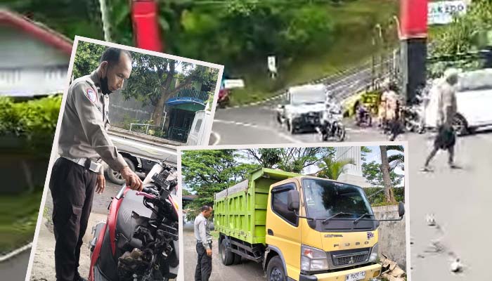 TKP: Lokasi dekat simpang tiga Kakek Bodo, Tretes, Prigen, Kabupaten Pasuruan usai Vario tabrakan dengan truk. Inset motor dan truk diamankan polisi.