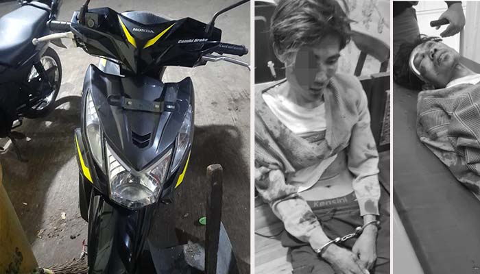 BARANG BUKTI: Motor pelaku saat diamankan. Inset pelaku Agus Hariyanto saat dirawat. Rekannya, kini masih diburu.