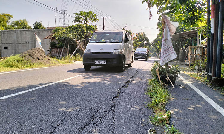 DITANDAI: Retakan jalan Bangil-Sukorejo, di Dusun Doyong Utara, Desa Kenduruan, Kecamatan Sukorejo, yang semakin parah. Warga menandainya dengan pohon pisang.