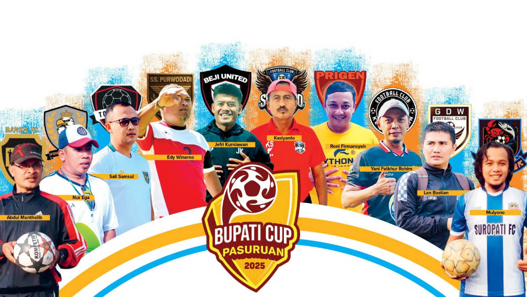 PUNYA PENGALAMAN: Searah jarum jam, Abdul Muntholib pelatih Bangil FC, Nur Ega pelatih Pohjentrek FC, Edy Winarno pelatih SS Purwodadi, Jefri Kurniawan pelaih Beji United, Yani Fatkhur Rohim pelatih