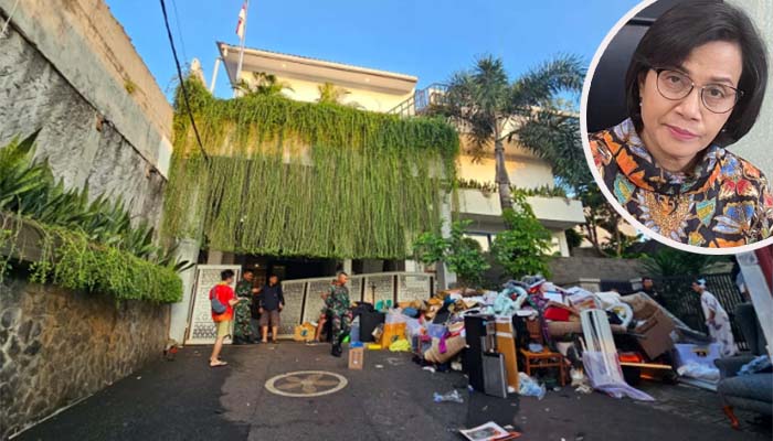 Rumah Menkeu Sri Mulyani usai dijarah Minggu (31/8). Inset Sri Mulyani.