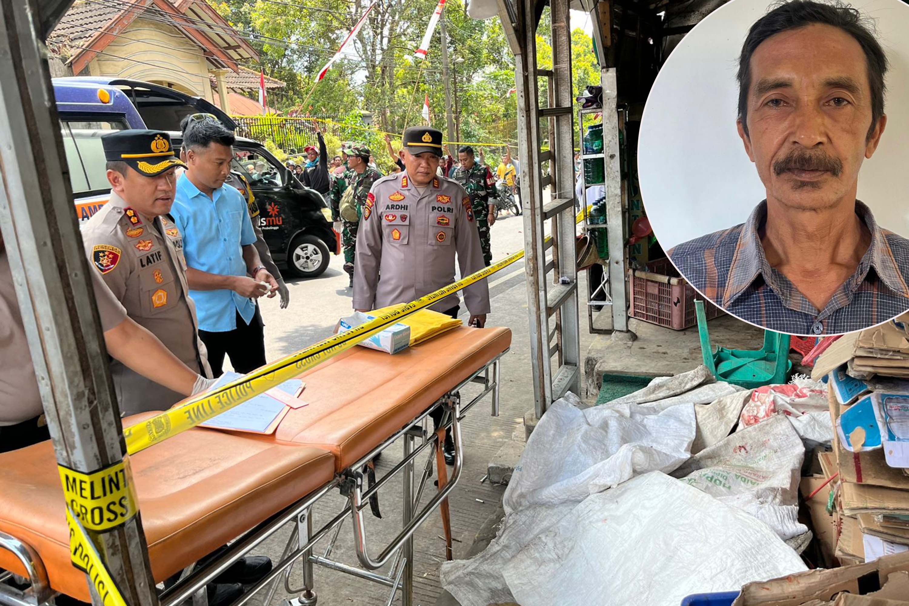 Kapolres Probolinggo AKBP Wahyudin Latif (kiri) saat olah TKP. Inset pelaku Muslim saat diamankan.