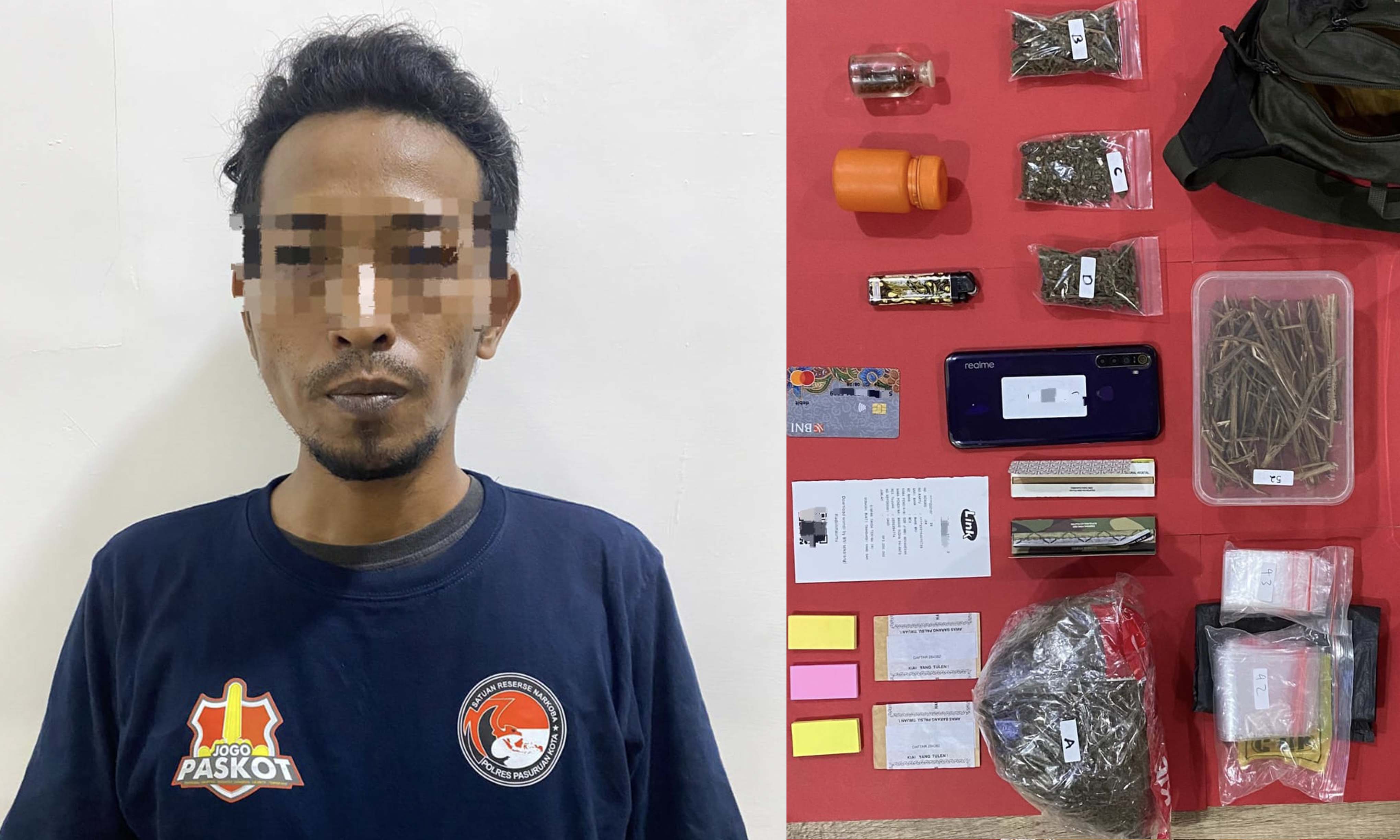 AMANKAN: JN, 32, tersangka peredaran ganja saat diamankan polisi. Ia terancam hukuman 20 tahun penjara.
