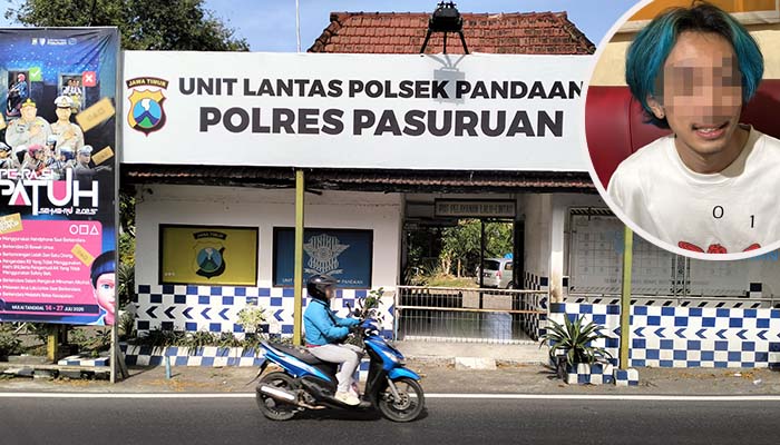 DILEMPAR MOLOTOV: Poslantas Polsek Pandaan yang sempat dilempar molotov awal pekan lalu. Inset pelaku pelemparan molotov, JR yang seorang barista.
