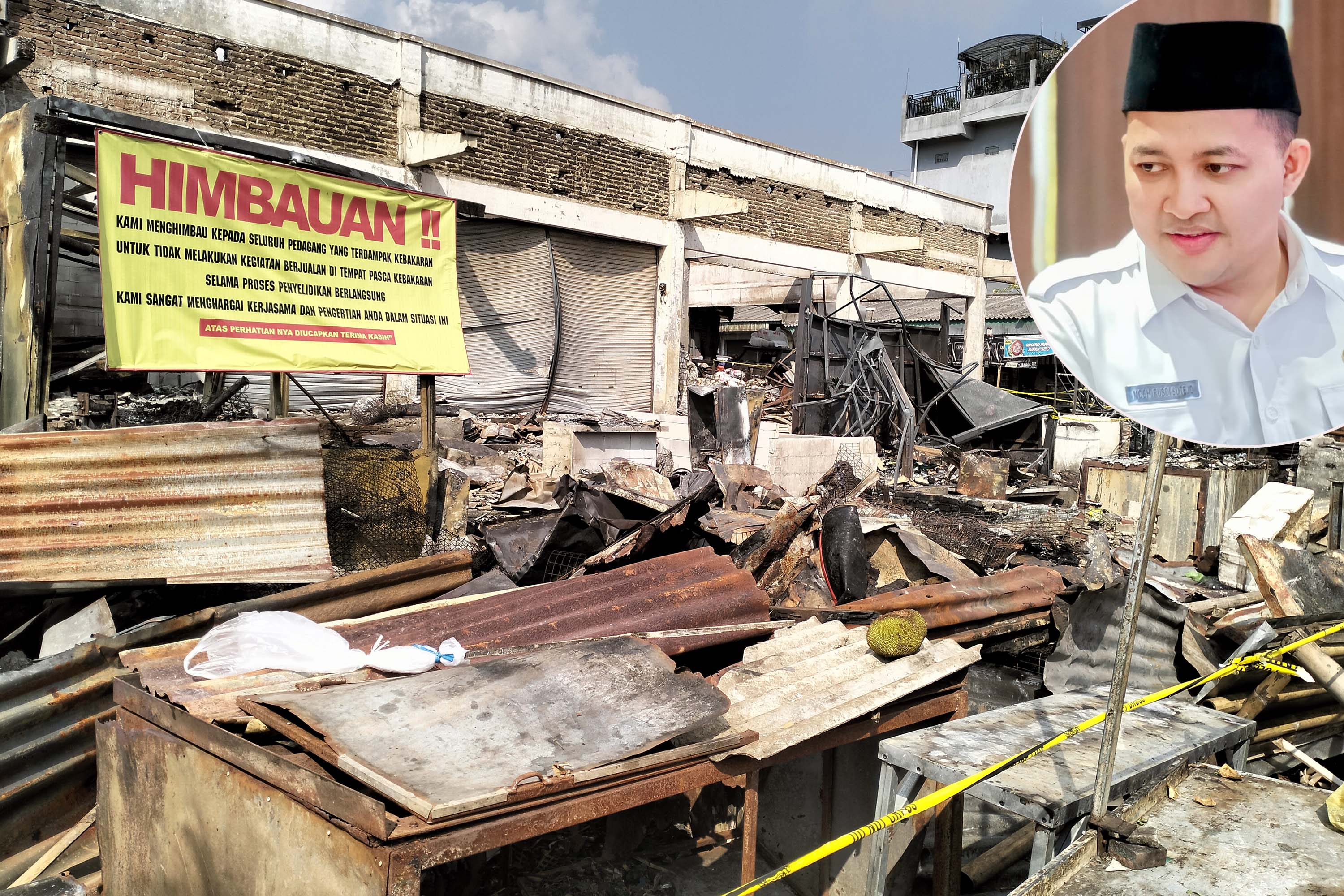 Kondisi Pasar Pandaan yang terbakar. Inset Bupati Pasuruan Rusdi Sutejo dalam suatu kesempatan. (Rizal Syatori/ Radar Bromo)